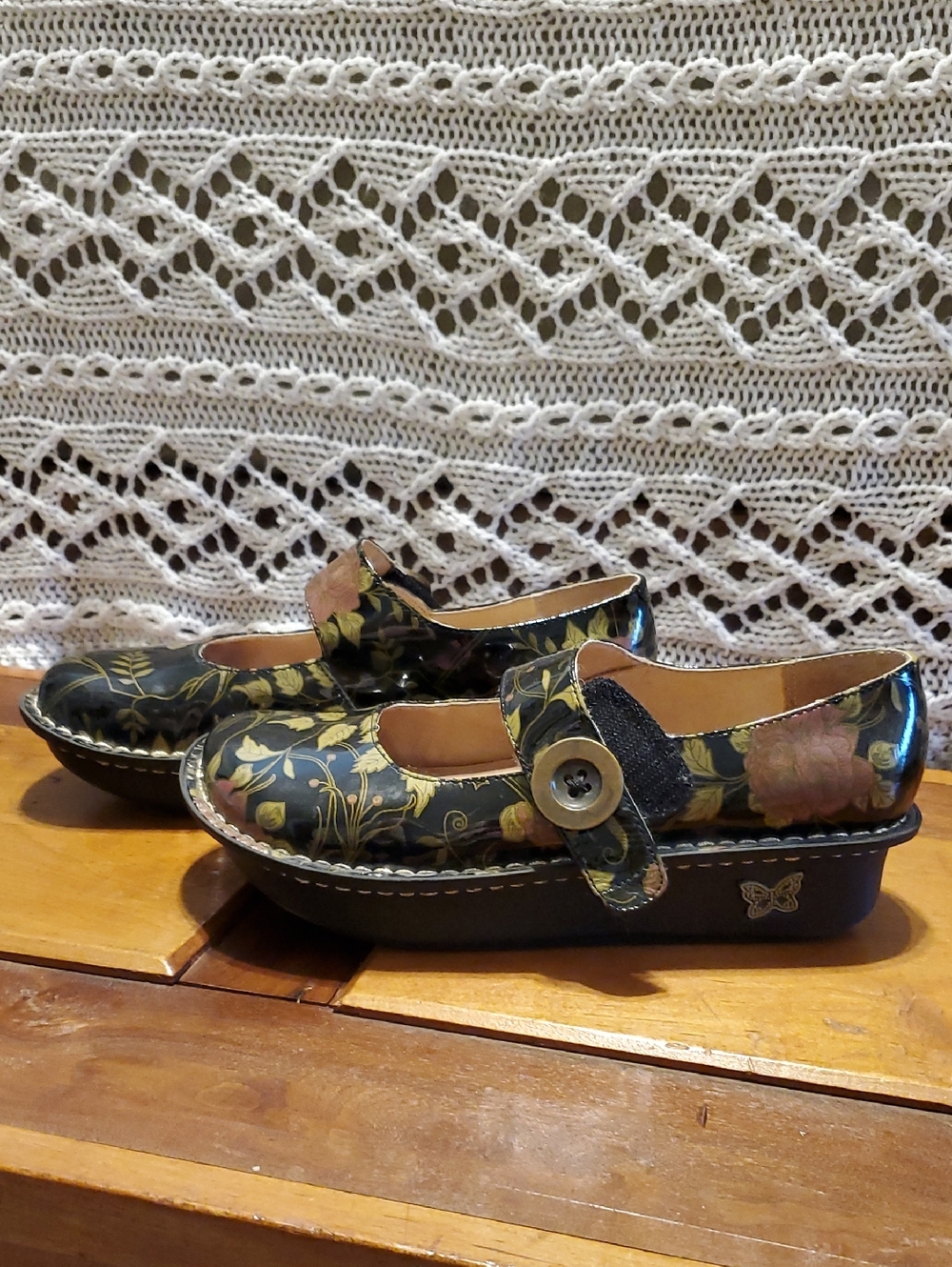Alegria Black Floral Wedge Clog